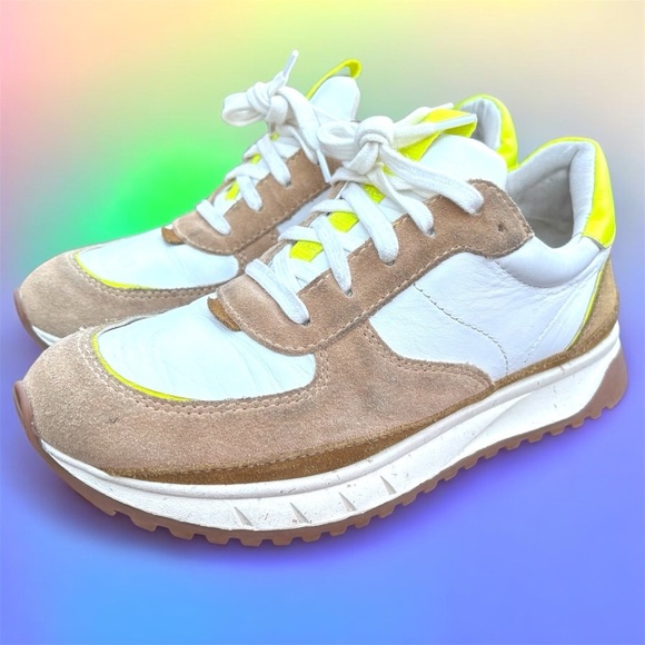 Madewell Shoes - Madewell Womans Sneakers Leather 7.5 White Tan Neon Yellow Kickoff Trainers